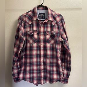Red and blue plaid woven button down